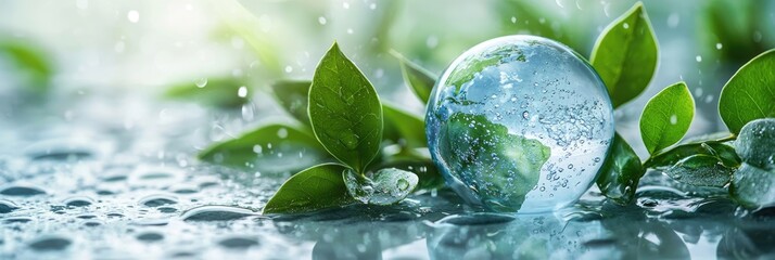 Earth encased in water droplets among fresh green leaves, symbolizing sustainability and conservation. Ideal for World Water Day banners, eco campaigns, and climate awareness