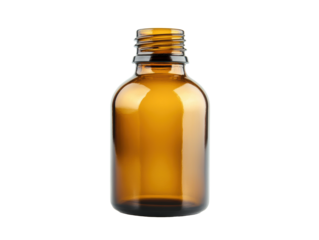 Amber glass bottle for cosmetics or essential oils storage on a transparent background, cut out