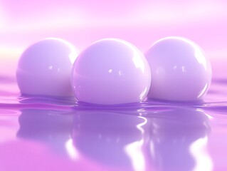 Three spheres floating on purple liquid in pink ambience