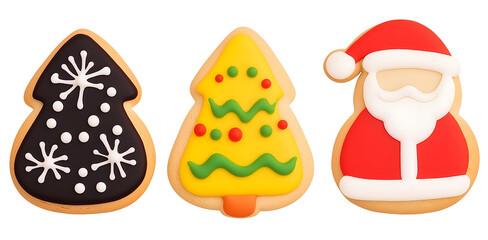 Christmas cookies representing santa claus, christmas tree and fir tree with snowflakes decoration