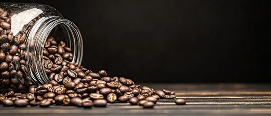 Roasted Coffee Beans Spilling from a Glass Jar on Dark Wooden Surface