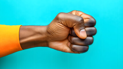Black male hand making fist on turquoise background: strength, resistance, and solidarity
