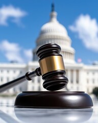 Gavel judge fair Gavel in front of a government building under blue sky, symbolizing justice and law.