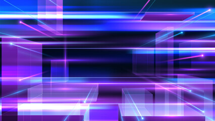 Digital network square shape with blue glowing lines overlapping with pink on dark background, high speed wireless communication technology business scene design concept.