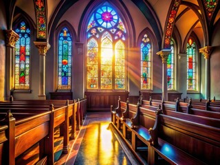 Fototapeta premium Serene Church Interior Silhouette Photography: Peaceful Stained Glass, Wooden Pews, Soft Light