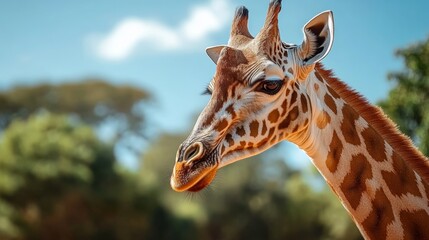Obraz premium Giraffe is standing in a forest with trees in the background. The giraffe is looking directly at the camera
