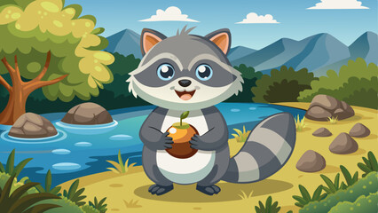 cute raccoon holding a shiny acorn near a riverbank, with a mischievous grin.