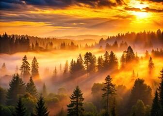 Fototapeta premium Serene Dawn Forest Sunrise, Layered Trees, Silhouette Photography, Breathtaking Landscape, Golden Hour