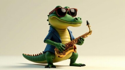 A stylish crocodile wearing sunglasses and a blazer, playing a saxophone with a confident demeanor
