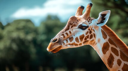 Obraz premium Giraffe is looking at the camera with its mouth open. The giraffe is in a forest with trees in the background