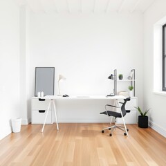  Clean and Simple Office Design Featuring White Walls, Wooden Floors, and a Modern Desk
