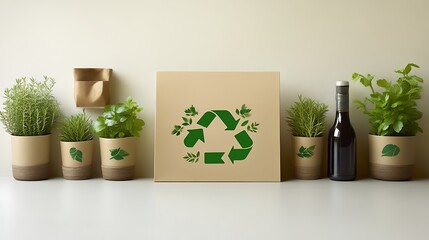 Sustainable Living With Herbs In Recycled Pots And A Recycle Symbol
