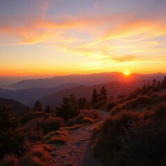  A warm golden sunset bathes the hiking trails, with the sun casting a peaceful glow over the mountain slopes and surrounding