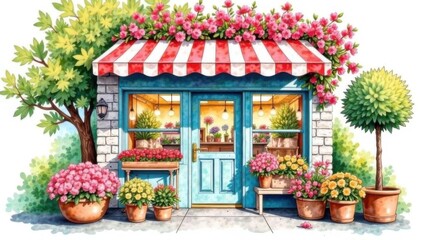 Charming watercolor illustration of a flower shop adorned with vibrant blooms and a welcoming entrance