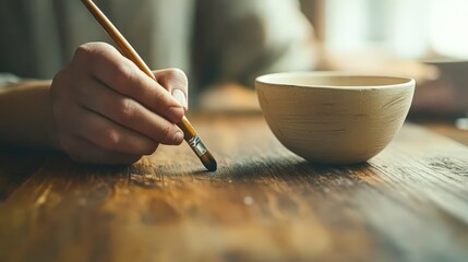 Obraz premium A close-up of a hand holding a paintbrush poised to apply color to a handmade pottery bowl on a wooden table, This image can be used for art tutorials, pottery workshops, or creative projects,