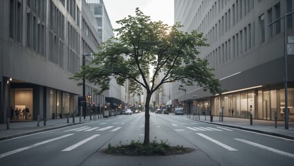 Fototapeta premium Urban tree stands alone in quiet street during early morning hours in a bustling city