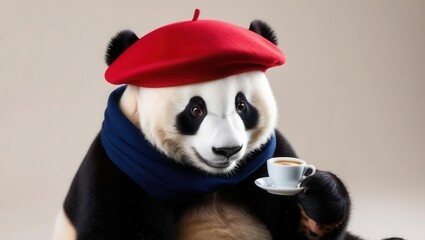 Stylish panda in a French beret and scarf, holding a tiny cup of espresso