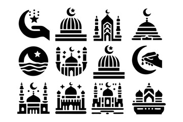 Simple black Islamic mosque icon suitable for logo design, Islamic clothing, books, madrasas, Islamic organizations, prayer rugs,
