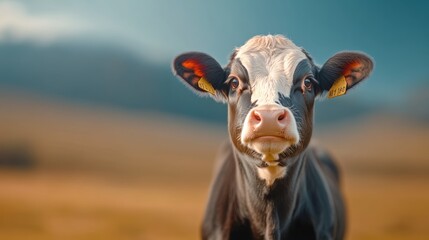 Cow with a tag on its ear is staring at the camera. The cow is black and white with a white spot on its face