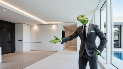 Lizard real estate broker showing a luxury property, high-end modern home, sleek suit, confident sales gesture, ultra-detailed