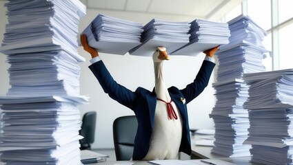 Goose tax consultant balancing complex paperwork, high-stress environment, office with towering documents, photorealistic