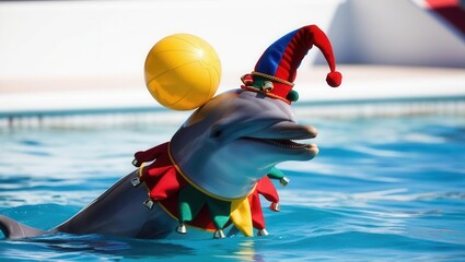 Playful dolphin in a carnival jester outfit, balancing a beach ball on its nose