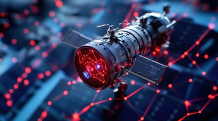 A high-tech space communication system, glowing digital data streams connecting satellites in Earth's orbit, AI-driven networks enabling real-time global connectivity, ultra-detailed