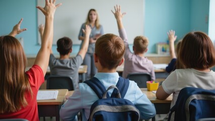 Caucasian children engaging in classroom learning with female teacher