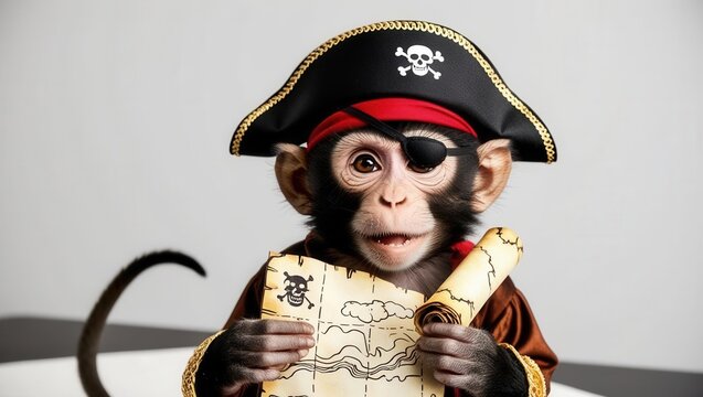 Playful monkey in a pirate costume with an eyepatch and tiny treasure map
