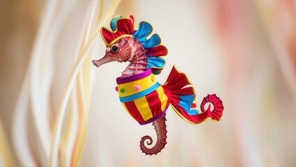 Playful seahorse in a carnival carousel-inspired outfit, floating gracefully