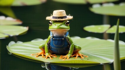 A whimsical frog wearing a straw hat and overalls sits comfortably on a lily pad in a serene pond environment.