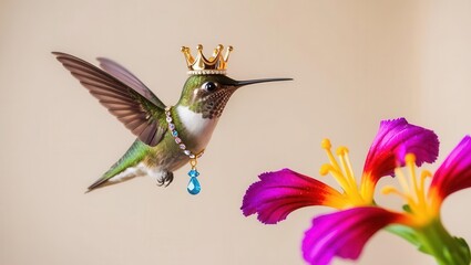 Obraz premium Tiny hummingbird in a tiny crown and gemstone necklace, hovering by flowers