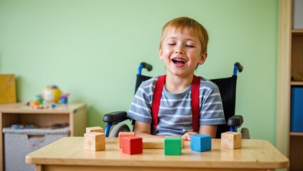 Smiling caucasian child in wheelchair playing with colorful blocks