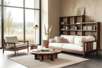Modern living room with sofa, armchair, coffee table, shelving unit, and floor lamp.