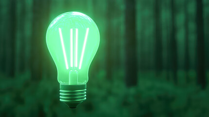 Glowing green light bulb in a dark forest setting.
