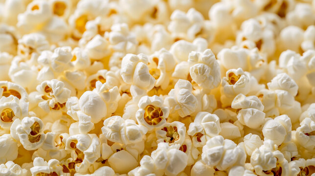 Ultra-realistic close-up photograph of fresh, fluffy popcorn kernels, isolated on a white background