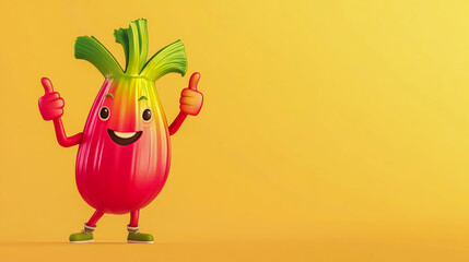 Whimsical and vibrant illustration of a happy, smiling rhubarb stalk giving a thumbs up