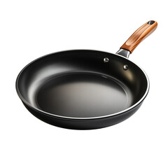 Frying pan black wooden light brown handle kitchen utensil cooking object isolated on transparent background png