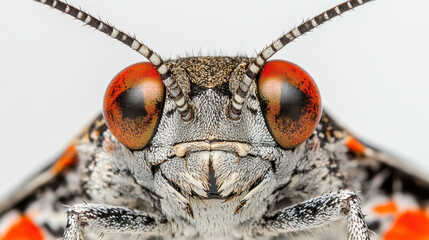 This macro photograph features a colorful insect with vibrant eyes, showcasing intricate textures and stunning patterns, ideal for nature enthusiasts and science presentations