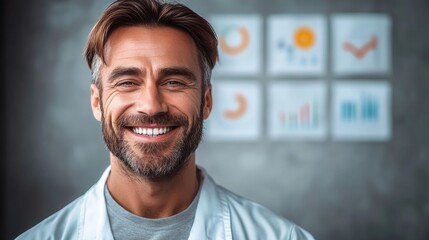 Obraz premium Man with a white lab coat and a big smile on his face. He is looking at the camera