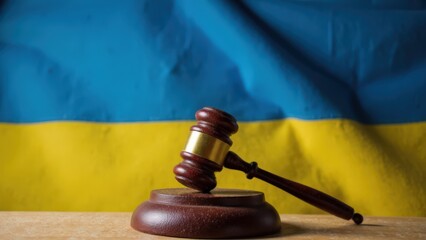Gavel on table with ukrainian flag in background