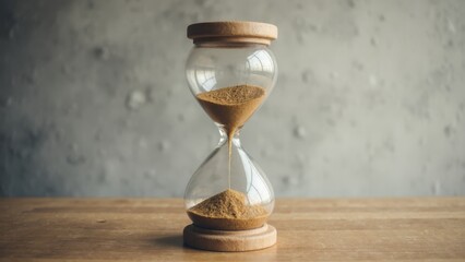 Wooden hourglass with flowing sand on wooden surface against gray background