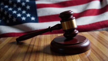Gavel on wooden table with american flag background representing justice and law