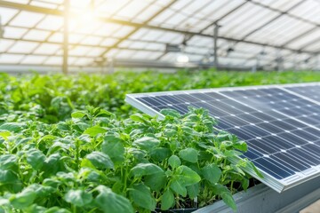 Fototapeta premium A greenhouse filled with vibrant green plants, complemented by a solar panel, showcasing sustainable agriculture and renewable energy.