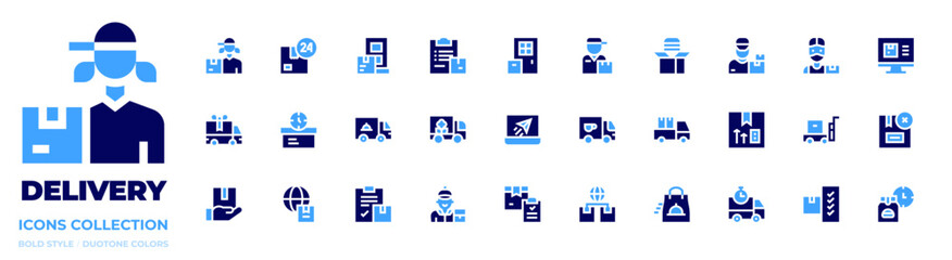 Delivery icon collection. Bold style. Duotone colors. doordelivery, fooddelivery, delivery, deliveryman, deliverypackage, logisticsdelivery, truck