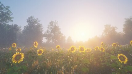 Sunlit Sunflower Field at Dawn Misty Morning Meadow