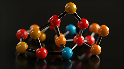 Colorful Molecular Structure with Spheres and Rods on a Dark Reflective Surface Science and Chemistry Concept