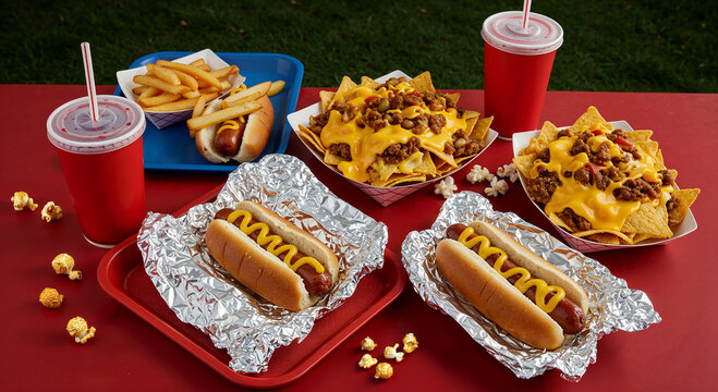 Summer hot dogs french fries and nachos on red table