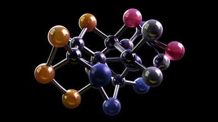 Detailed 3D Rendering of Spherical Molecular Structure on Black Background Featuring a Variety of Colors and Scientific Design Elements