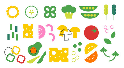 Abstract simple color vegetables. Different fresh veggies icon set. Pepper, mushroom, broccoli, peas, tomato, avocado, onion. Healthy food organic ingredients. Vector abstract veg illustration